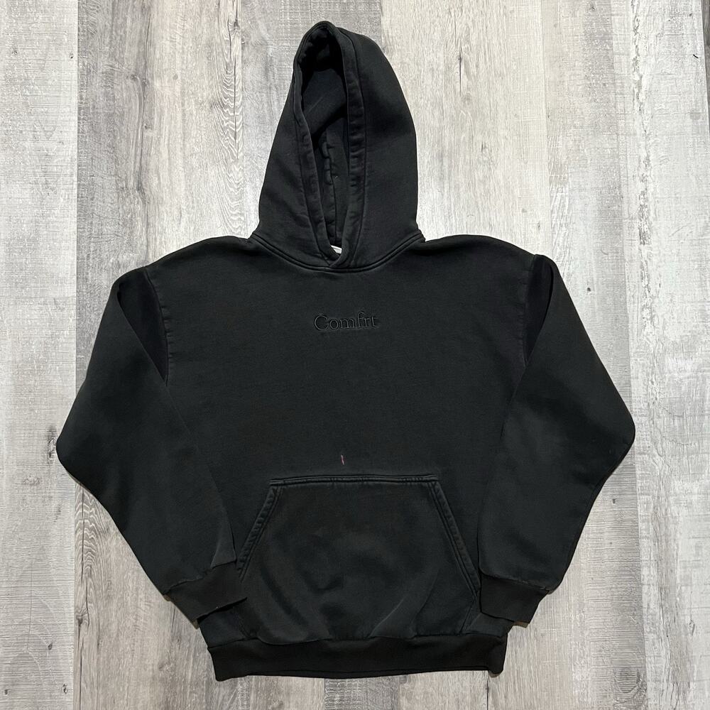 Comfrt Hoodie Black Pull Over Tonal Logo Comfort Cotton Sweatshirt Blank Medium